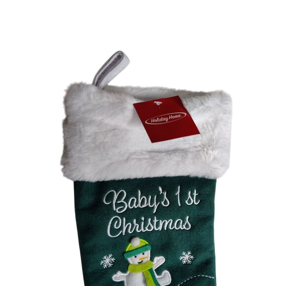 Holiday Home Babys 1st Christmas Green Embroidered Holiday Stocking With Snowmen - Picture 2 of 4